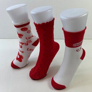 Womens Crew Socks 3 Pack Flowers Love Happy Face Knit Ruffle Cuff Red White